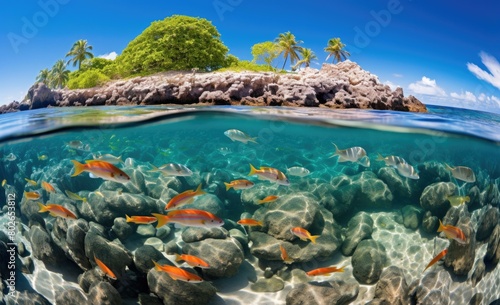 A beautiful coral reef with a small rocky island above and a variety of fish swimming below. AI.