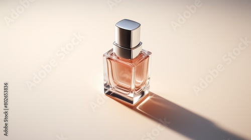 The image shows a transparent square-shaped perfume bottle with a silver cap