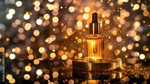 Elegant golden cosmetic bottle with serum on the gold podium © wanna