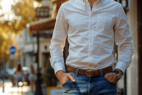  A unrecognizable professional office worker taking a coffee break, dressed in a smart casual outfit with jeans and a button-down shirt, looking refreshed and energized.