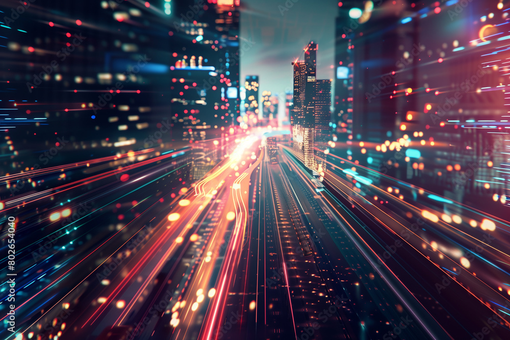 The view of abstract modern city with street light trails and pink neon light Generative AI The view of abstract modern city with street light trails and pink neon light Generative AI