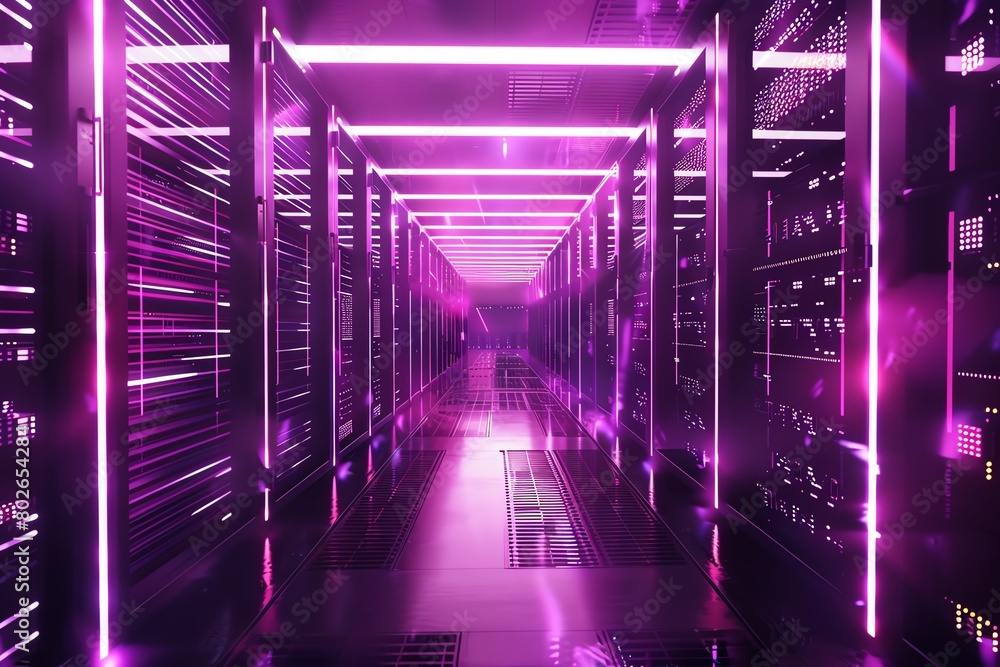 Holographic cyber barrier surrounding server racks, 4K, deep purple, intense scifi atmosphere, front view