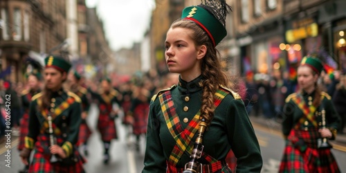 A young woman in a green military-style jacket and a red and yellow tartan kilt plays the bagpipes in a parade. AI. © serg3d