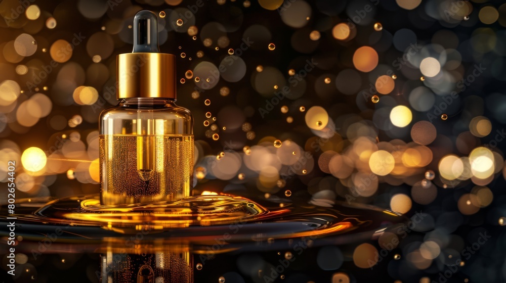 Elegant golden cosmetic bottle with serum on the gold podium Elegant golden cosmetic bottle with serum on the gold podium