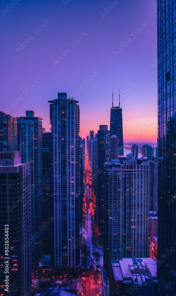 Obraz premium A stunning view of a city skyline at dusk. AI.