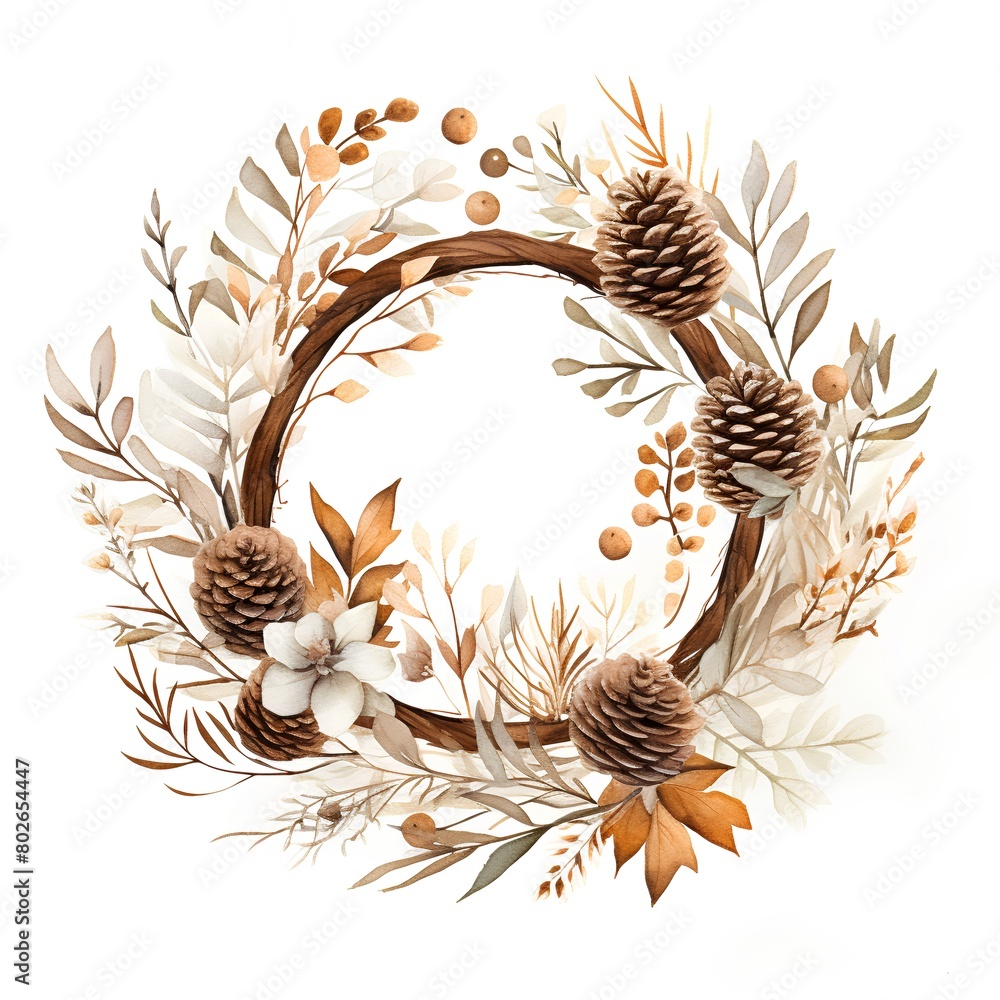 Watercolor wreath with autumn leaves and pine cones. Hand painted illustration
