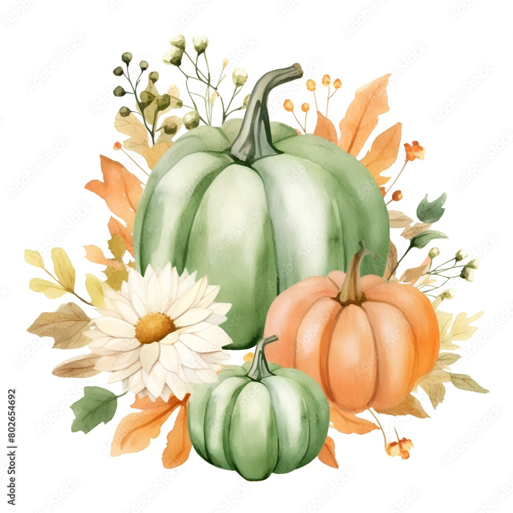 Watercolor pumpkins with autumn leaves and flowers. Hand drawn illustration
