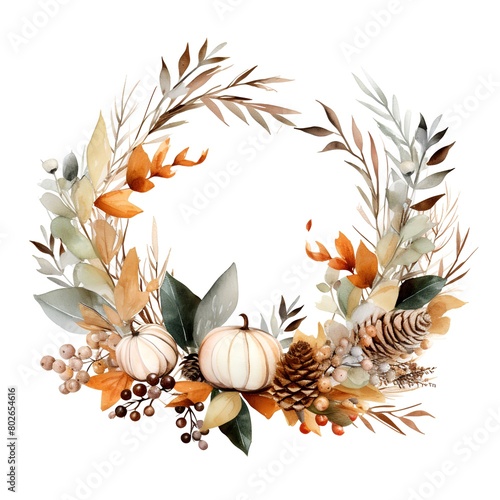 Watercolor autumn wreath with pumpkins and leaves. Hand painted illustration on white background