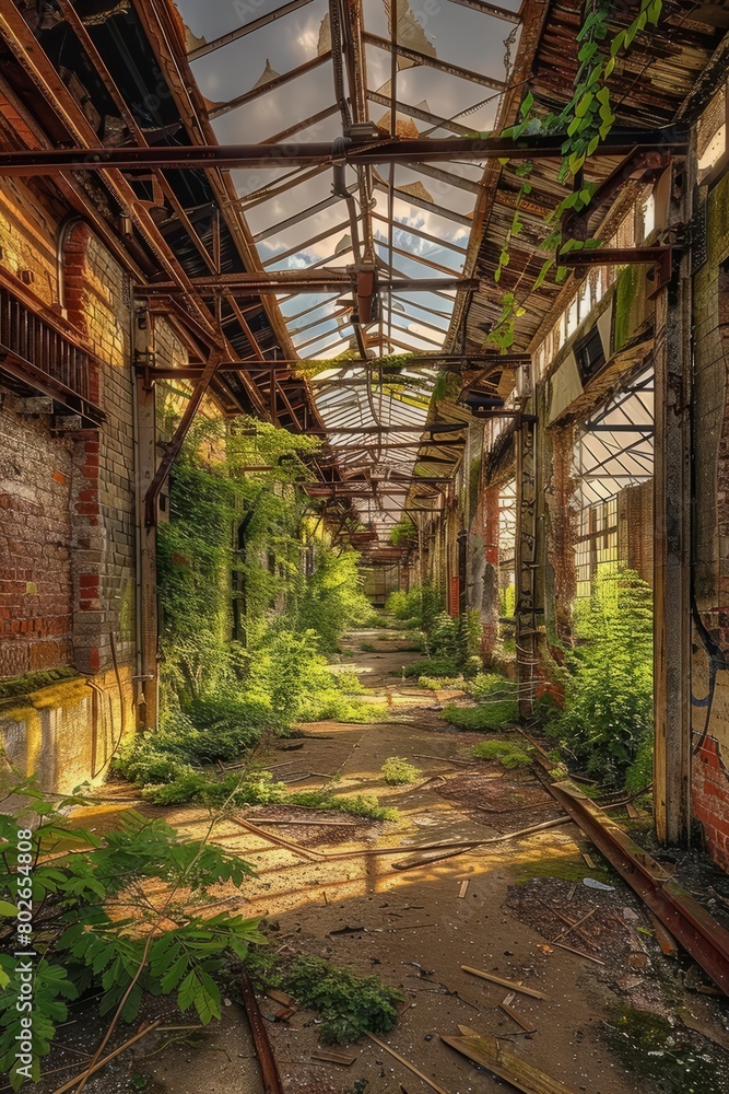 Wander through the industrial wasteland of a derelict warehouse district, where abandoned factories and crumbling warehouses stand, Generative AI