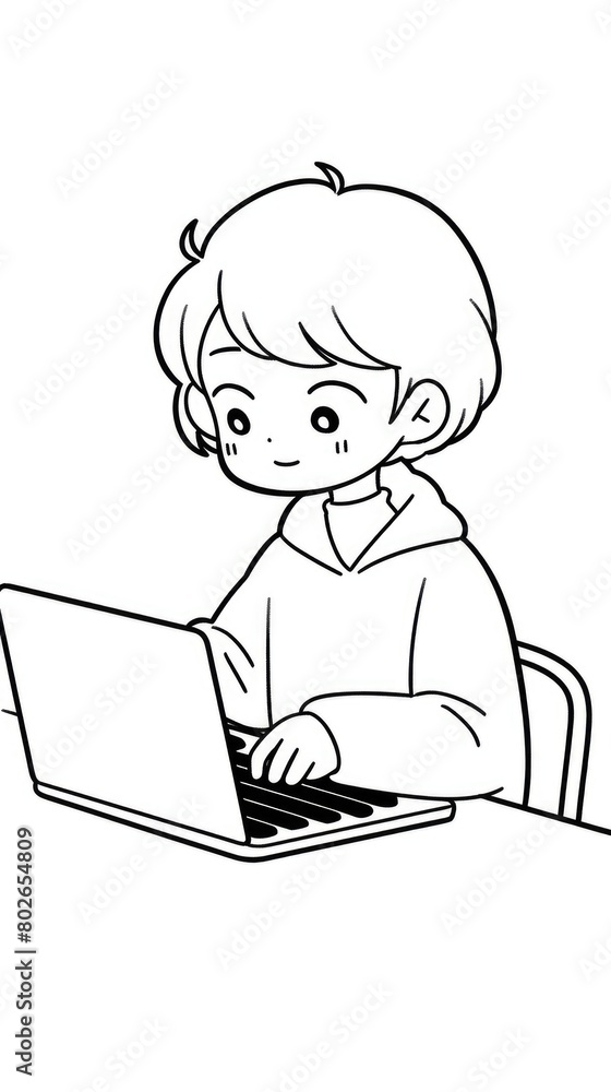 line art cartoon of a person working on laptop student teenager, ai line art cartoon of a person working on laptop student teenager, ai