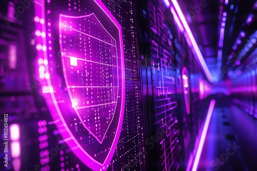 Virtual threats blocked by a cyber shield, 4K, purple light effects, tech room, diagonal angle