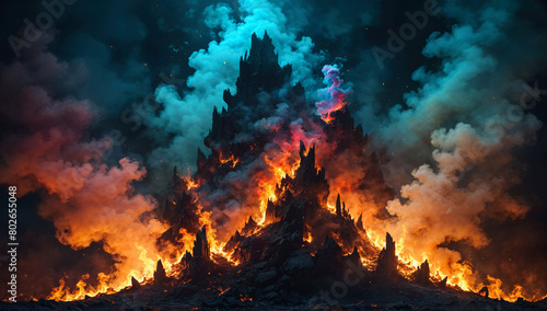 Apocalyptic landscape of flames and colored smoke