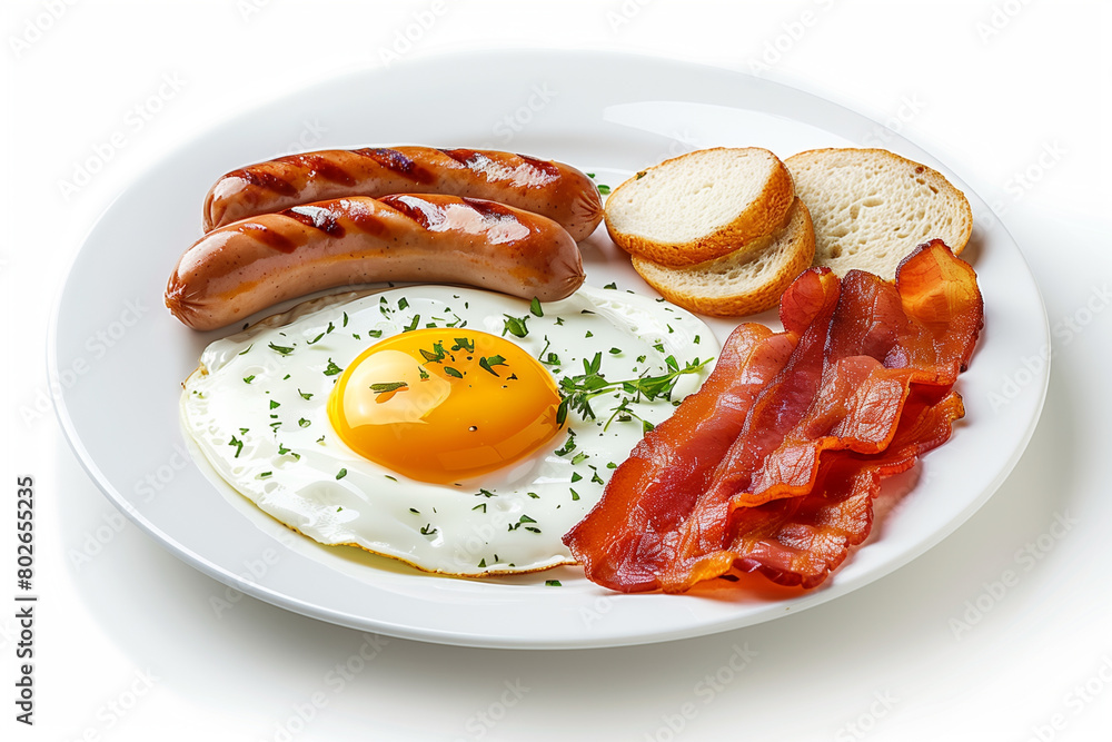 Sausages, fried eggs, and bacon on a white plate, white background, Generative AI Sausages, fried eggs, and bacon on a white plate, white background, Generative AI