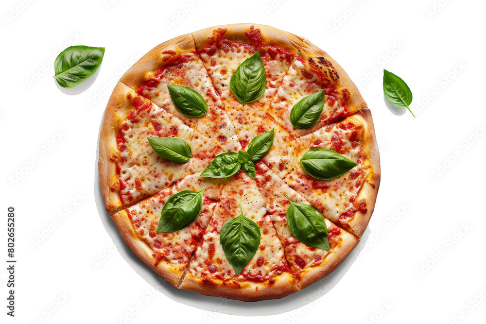 italian Pizza Margherita with Fresh Basil Leaves, Isolated on a Transparent Background 