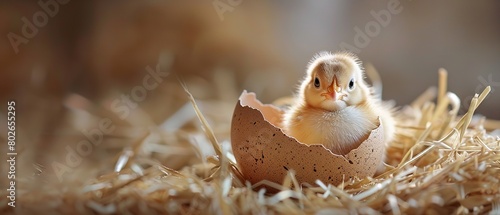 A lovely yellow chick over a straw bed with ruptured eggshells protruding out at the world eggshells are scattered near and space  Generative AI.