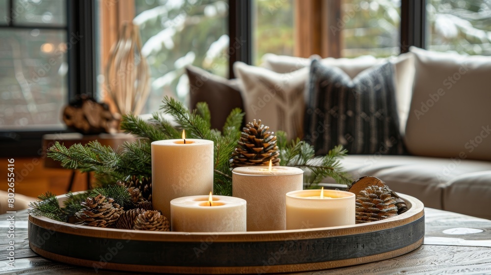 The crisp scent of pine and cedar fills the air emanating from the rustic candles displayed on a modern tray in the cabin. 2d flat cartoon. The crisp scent of pine and cedar fills the air emanating from the rustic candles displayed on a modern tray in the cabin. 2d flat cartoon.