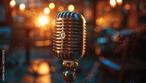 Retro silver microphone on stage with blurred orange lights in the background.