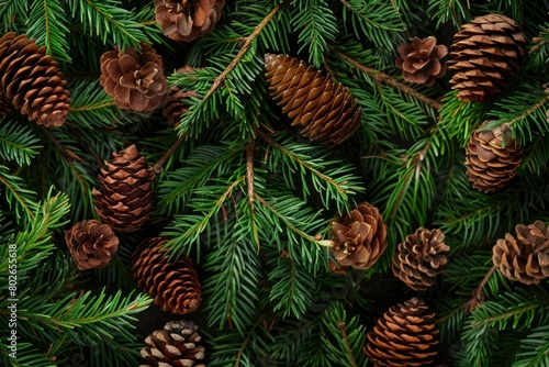 overhead view on spuce and thuja branches with cones, Christmas background - generative ai