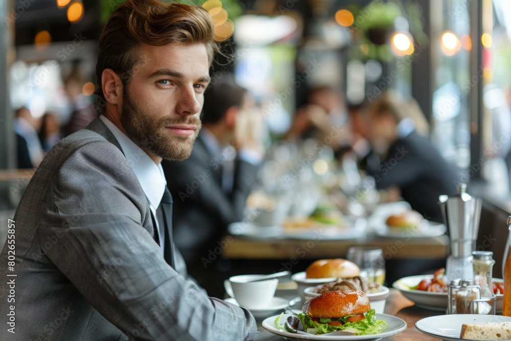 Create a scene of a male professional office worker having lunch at a city cafe, dressed in smart office attire, enjoying a moment of relaxation in the urban hustle.