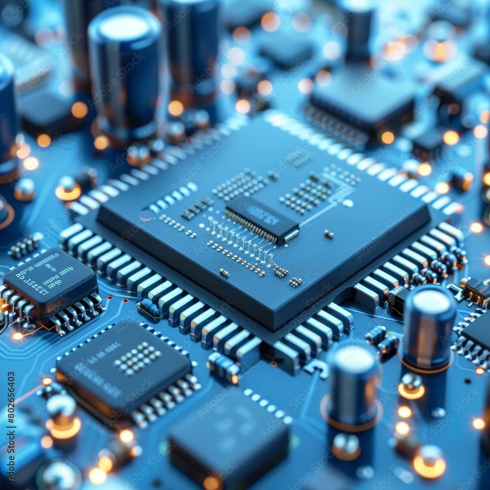 An intricate and high-tech close-up of a computer chip with glowing orange lights on a blue circuit board, showcasing modern electronic components and detailed circuitry in a technological setting An intricate and high-tech close-up of a computer chip with glowing orange lights on a blue circuit board, showcasing modern electronic components and detailed circuitry in a technological setting