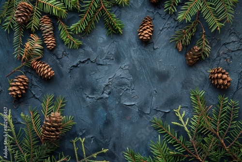 overhead view on spuce and thuja branches with cones  Christmas background - generative ai