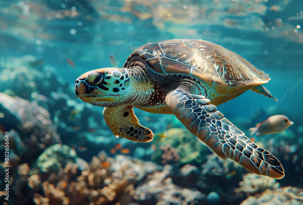Fototapeta premium Close-up of a turtle underwater scene, teeming with marine life, nature landscape photography.