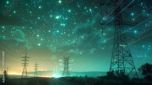 3D Render Of Power Transmission Lines with 3D Digital Visualization of Electricity. Fantastic Visuals of Night Sky Full of Bright Stars. Concept of Renewable Green Energy Powering Human Progress