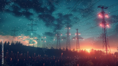 3D Render Of Power Transmission Lines with 3D Digital Visualization of Electricity. Fantastic Visuals of Night Sky Full of Bright Stars. Concept of Renewable Green Energy Powering Human Progress photo