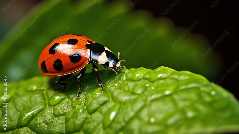 Closeup of a ladybug crawling on a green leaf showcasing natural pest control in a garden ecosystem