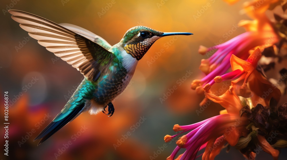 Obraz premium Detailed macro shot of a hummingbird hovering near colorful flowers capturing rapid wing movement