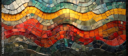 Vivid and eye-catching, a close-up of a mosaic tile wall showcasing a beautifully detailed wave pattern