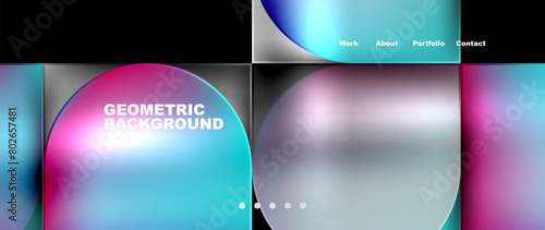 A vibrant geometric background featuring circles and squares in shades of purple, magenta, and violet. The colorfulness and liquidlike property of the design create a dynamic and eyecatching visual