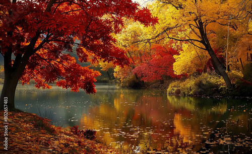Tranquil river scene with vibrant reds  yellows  greens  and browns  depicting nature s beauty in its most vibrant form