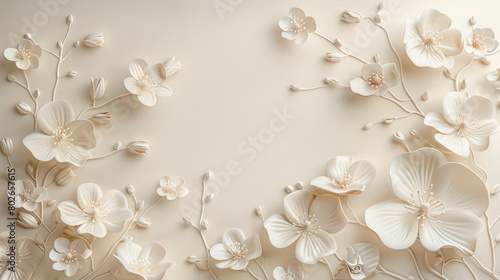 Elegant floral wall art featuring white three-dimensional flowers on a soft beige background  creating a symmetrical decorative frame with a central blank space.