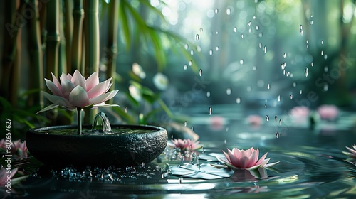 A spa theme with bamboo and water lily on a tub with a great interior and a big space for text or product advertisement background, Generative AI. photo
