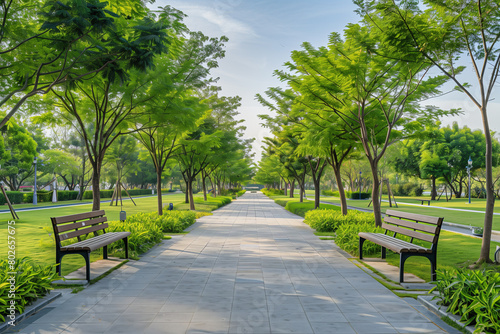 A wide park sidewalk flanked by benches, lush greenery, and trees, with modern landscape design