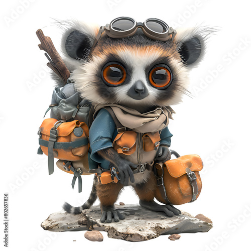 A 3D animated cartoon render of a brave lemur coming to the aid of a stranded hiker in a ravine.