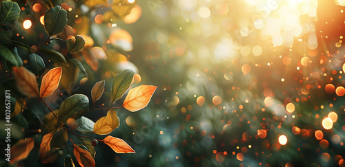 olden sunlight illuminating colorful autumn leaves with sparkling raindrops, creating a serene autumn background photo
