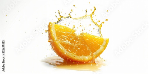 Orange juice splashes out of cut oranges. Isolated on a white background