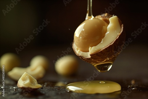 Drops of oil dripped onto the macadamia nuts. on a dark background photo