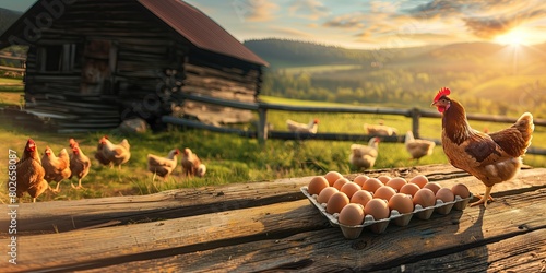 Fresh eggs in an egg tray on a wooden table with a chicken farm beautiful landscape bright sky background for advertising photo