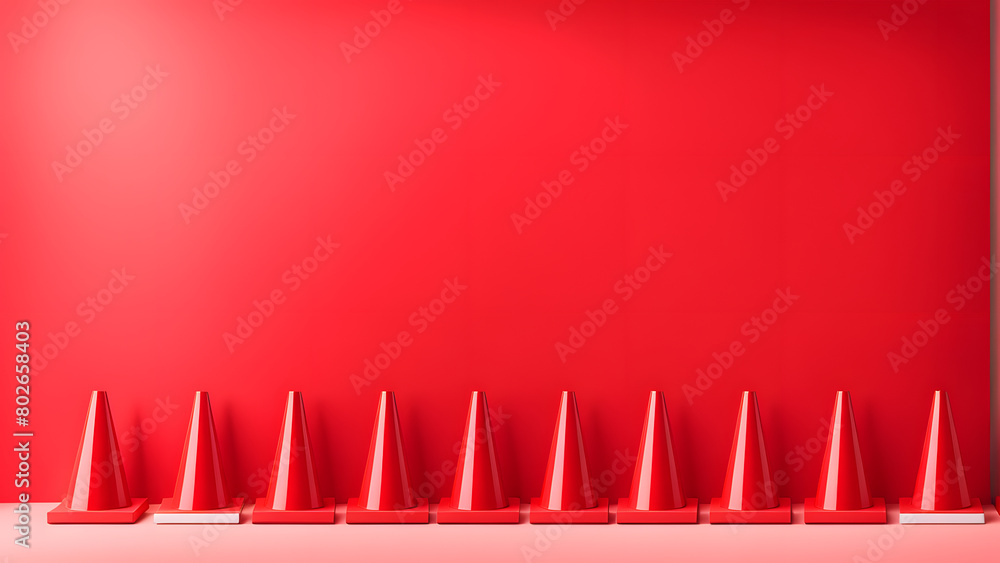 A row of red traffic cones are lined up on a red wall A row of red traffic cones are lined up on a red wall