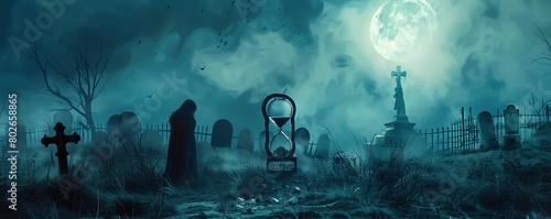 An eerie tableau of a human standing at a graveyard with an hourglass almost empty, under a full moon, evoking the grim reality of time end