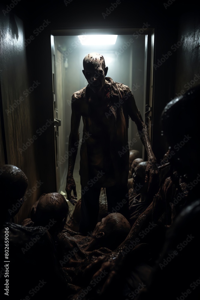 Fearful human facing a zombie invasion, dark and moody lighting, shot in an abandoned building to enhance the creepy atmosphere