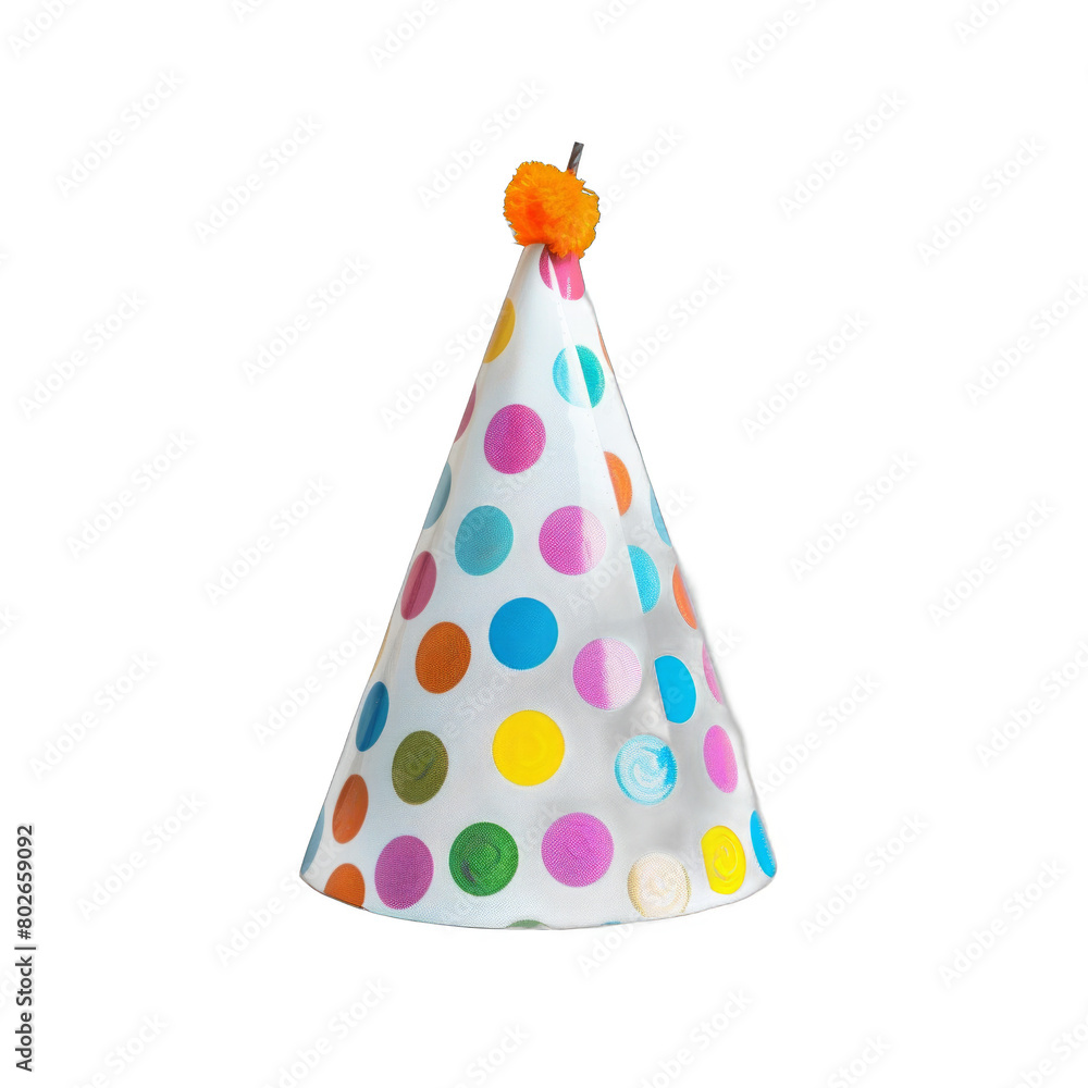 A colorful party hat with a pom pom on top A colorful party hat with a pom pom on top