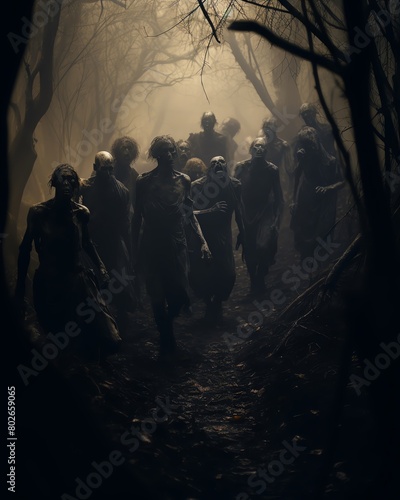 Group of zombies wandering through a misty forest  eerie and dimly lit setting  ideal for a spooky Halloween concept
