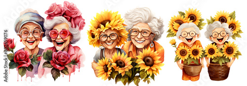 funny fashionable old lady with rose and sun flowers on transparent background cutout, PNG file. 