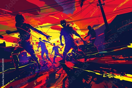 Highenergy zombie chase scene in 2D vector format, showcasing dynamic motion and vibrant colors, suitable for video game art and animations