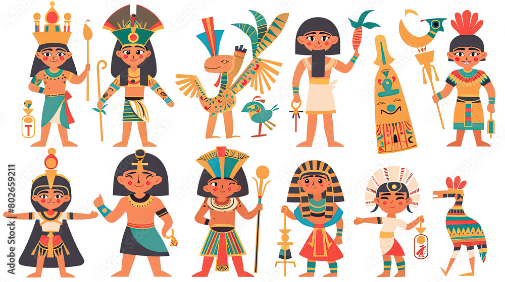 a Sheet of Spot Illustrations for an Pharaoh Tutankhamun Showing cute characters