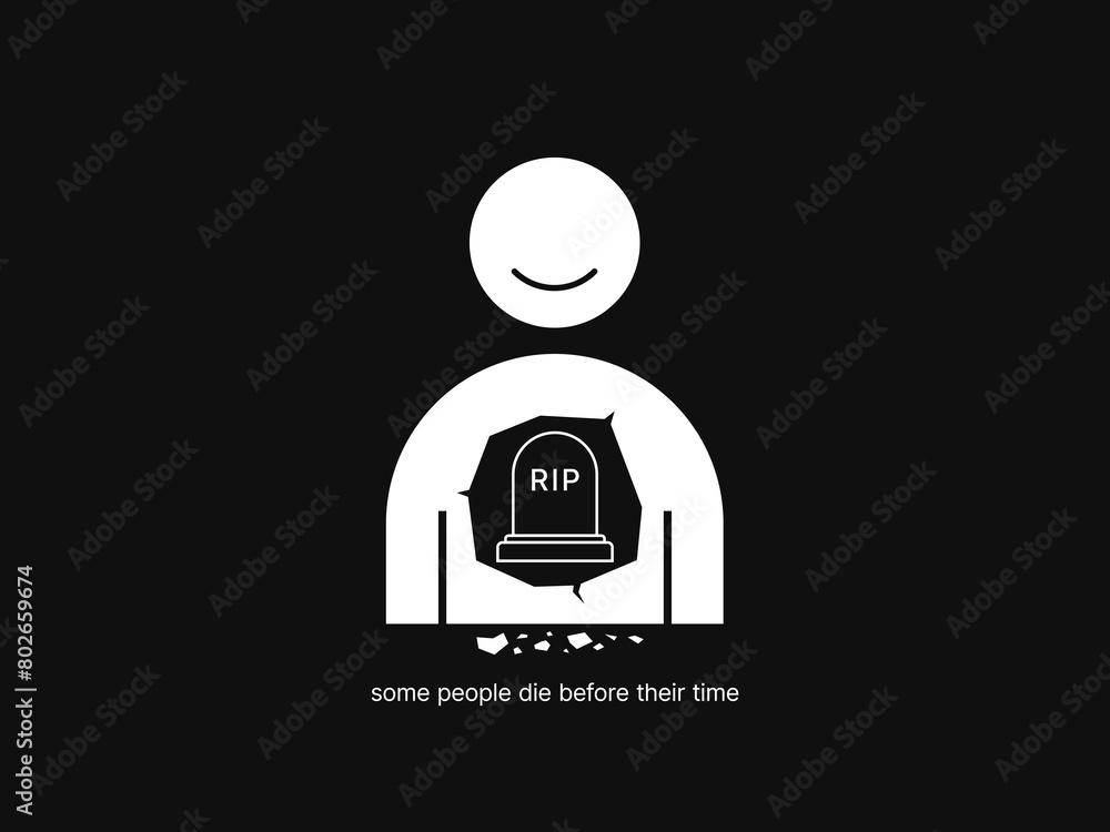A tombstone inside the chest of a smiling man. Vector Illustration